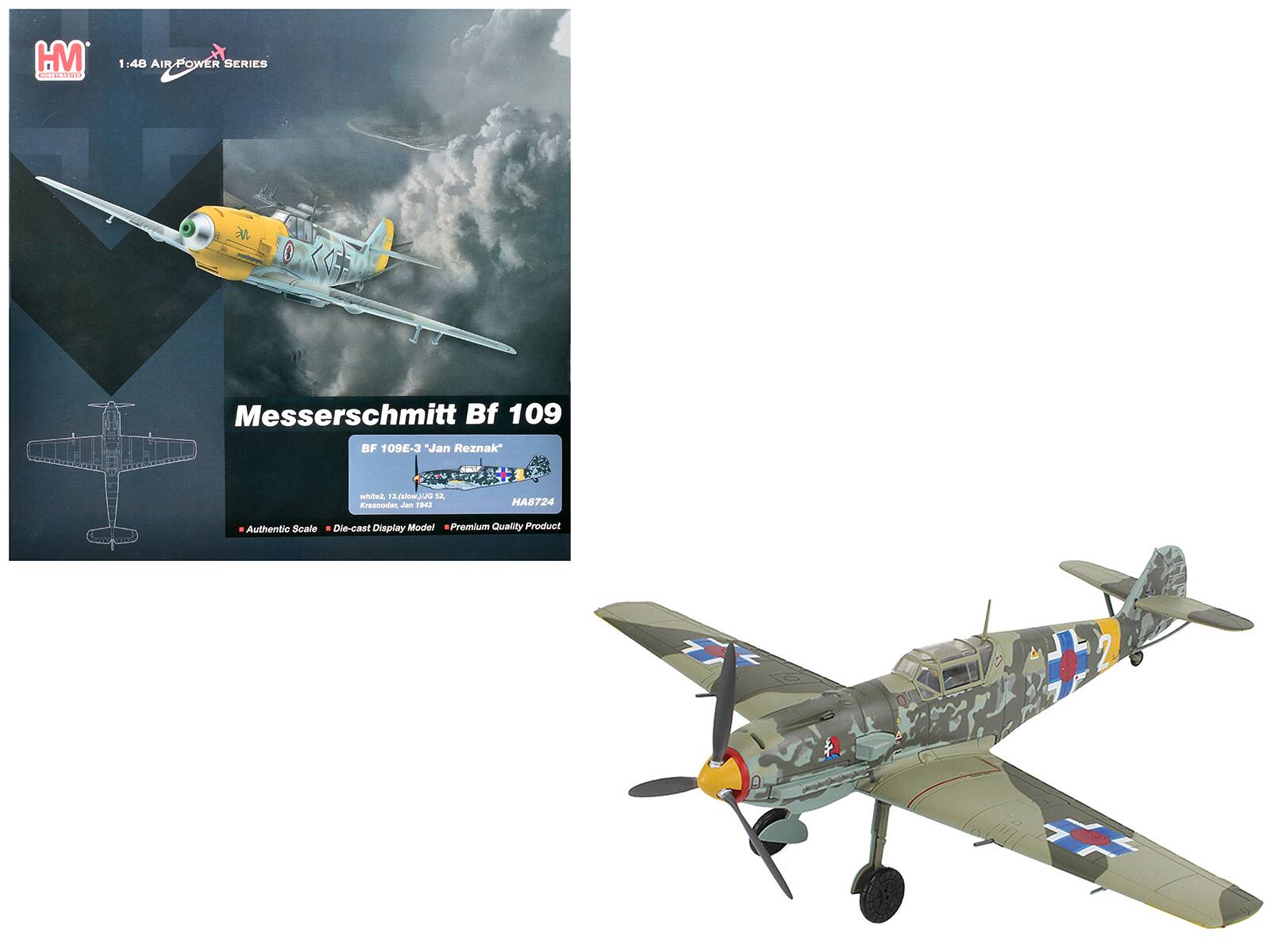 HM CRIPART  
1:48 AIR POWER SERIES  
Messerschmitt Bf 109  
BF 109E-3 "Jan Reznak"  
walez.12.com/nww.jp  
SR. Kreamoder, Jan F982  
HA8724  
Authentic Scale Die-cast Display Model Premium Quality Product