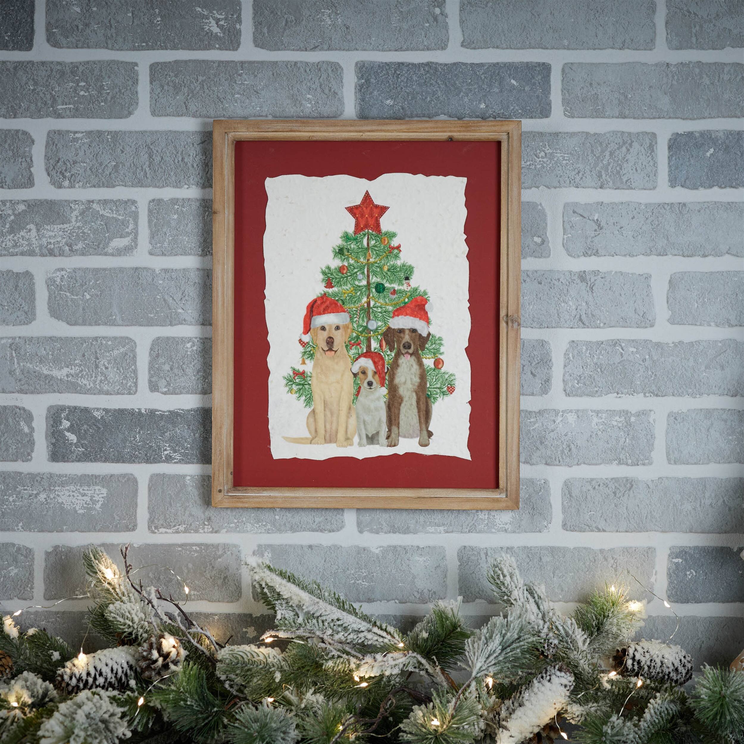Angle. BreeBe - Framed Holiday Dogs and Christmas Tree Print 15"H - Red, White, Green.