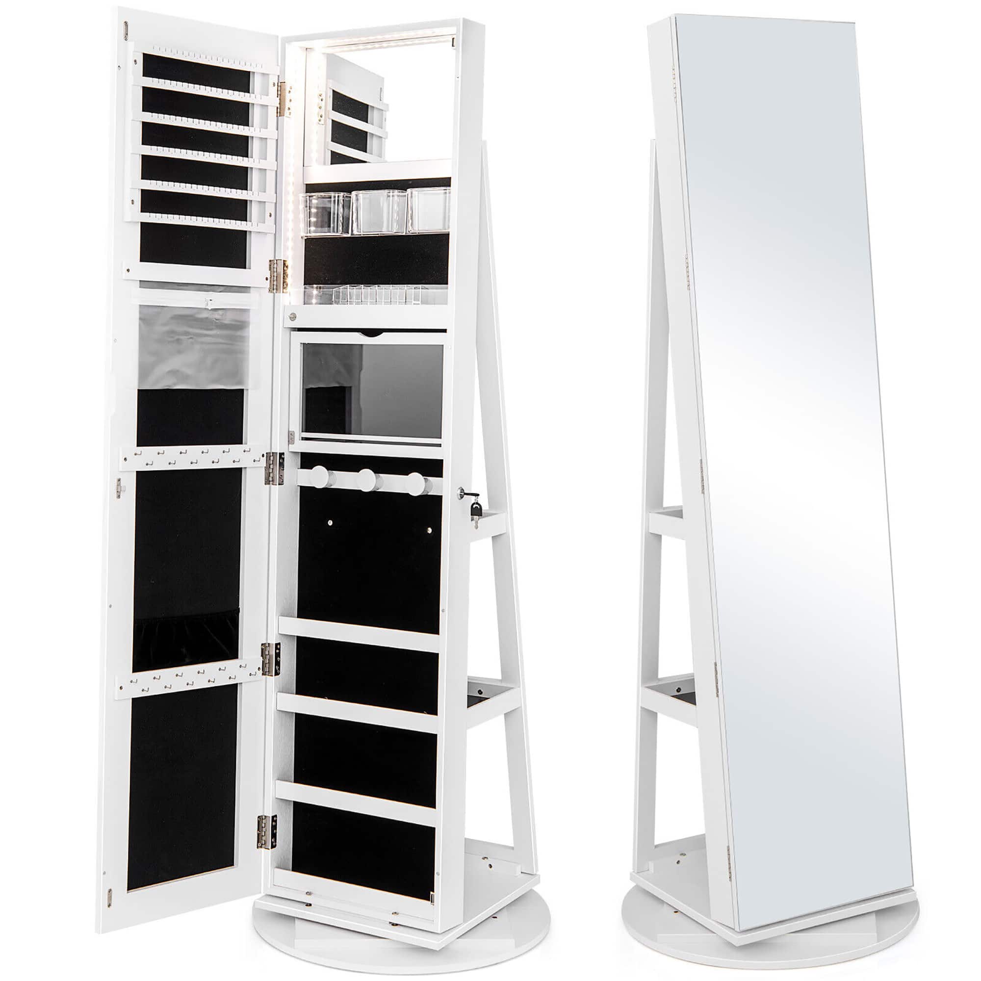 Front. Gymax - Gymax Rotating Mirrored Jewelry Cabinet with Mirror Storage Shelves White - White.