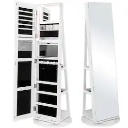 Gymax - Rotating Mirrored Jewelry Cabinet with Mirror Storage Shelves - White