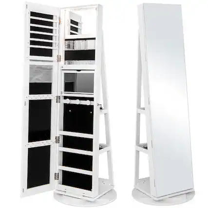Front. Gymax - Gymax Rotating Mirrored Jewelry Cabinet with Mirror Storage Shelves White - White.