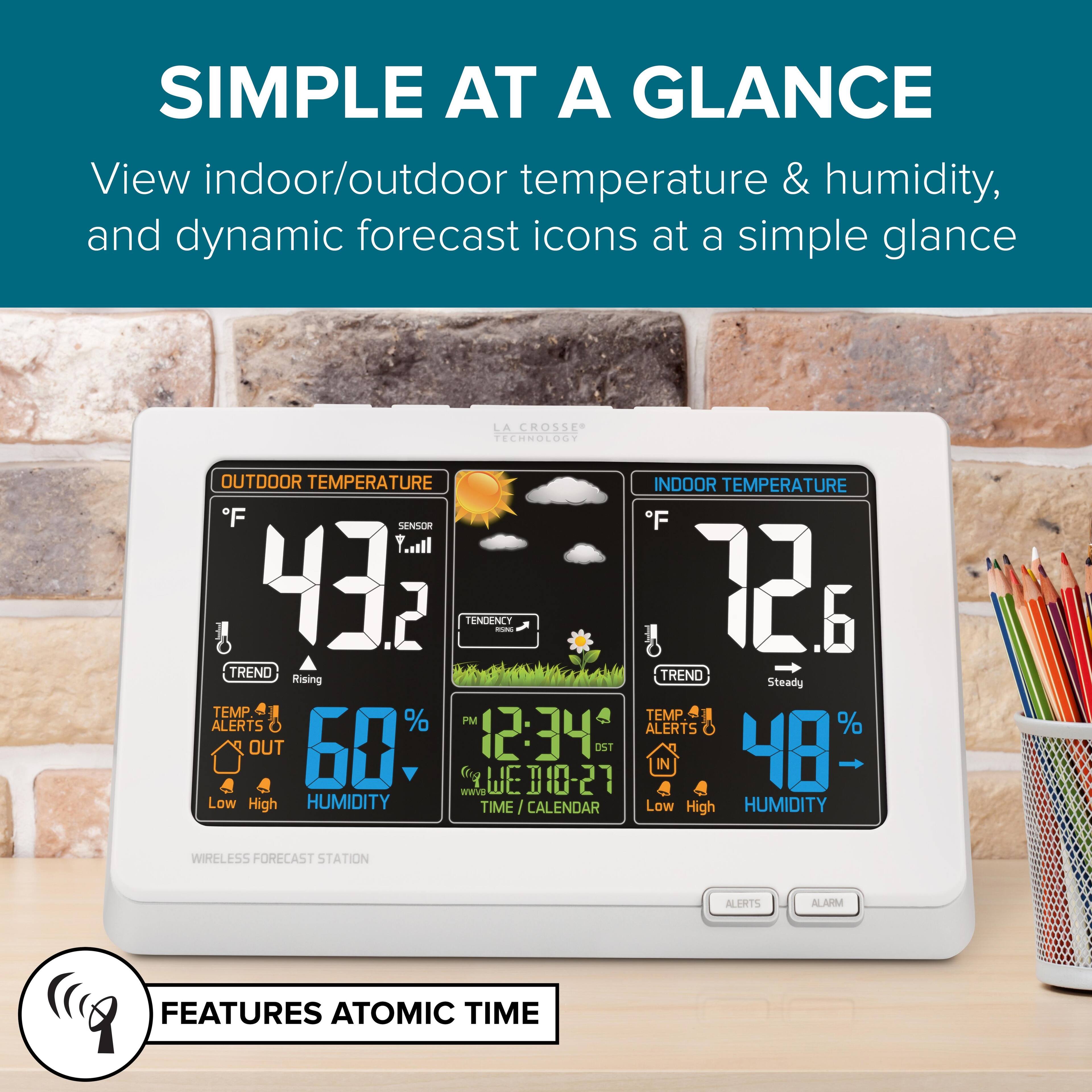 **SIMPLE AT A GLANCE**

View indoor/outdoor temperature & humidity, and dynamic forecast icons at a simple glance

**OUTDOOR TEMPERATURE**
- 43.2°F
- Tendency: Rising
- Temp Alerts: Low High
- Humidity: 60%
- Time: 12:34 PM
- Date: Wed, 09-27
- Calendar

**INDOOR TEMPERATURE**
- 72.6°F
- Tendency: Steady
- Temp Alerts: Low High
- Humidity: 48%

**WIRELESS FORECAST STATION**

**FEATURES ATOMIC TIME**