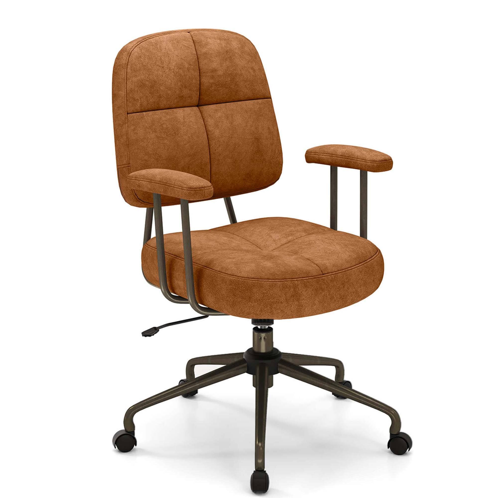 Costway - Home Office Chair Leathaire Upholstered Task Chair with Cushioned Back & Armrests - Brown