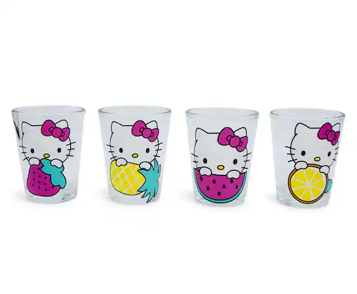 Front. Silver Buffalo - Hello Kitty 1.5-Ounce Mini Shot Glasses | Set of 4 - Purple.
