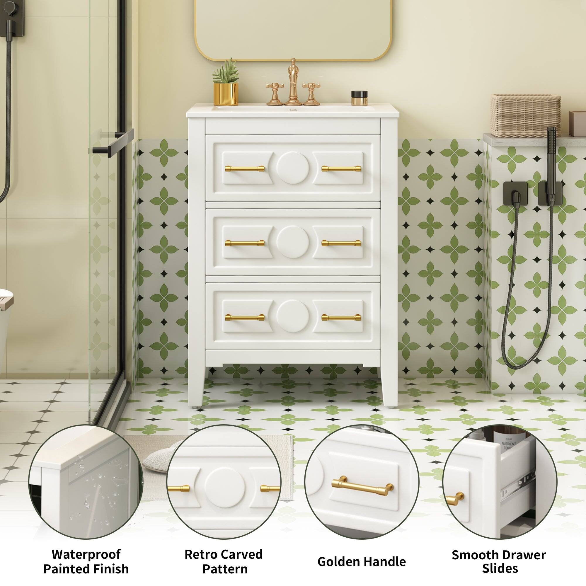 Waterproof Painted Finish  
Retro Carved Pattern  
Golden Handle  
Smooth Drawer Slides