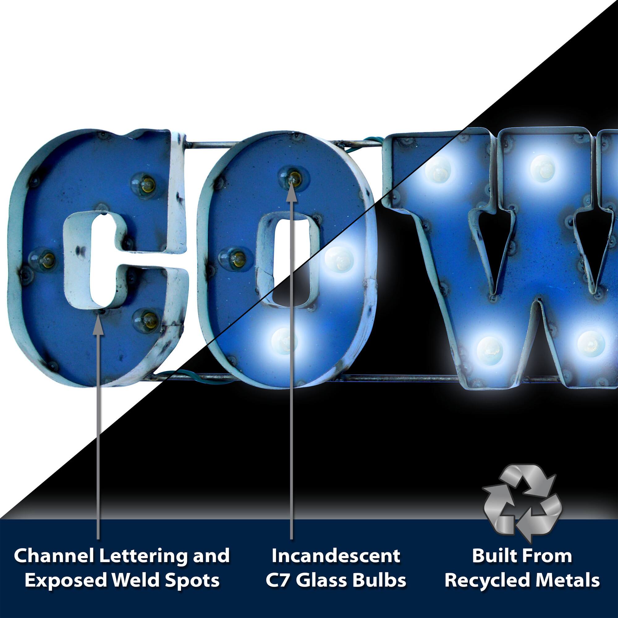 Channel Lettering and Exposed Weld Spots  
Incandescent C7 Glass Bulbs  
Built From Recycled Metals