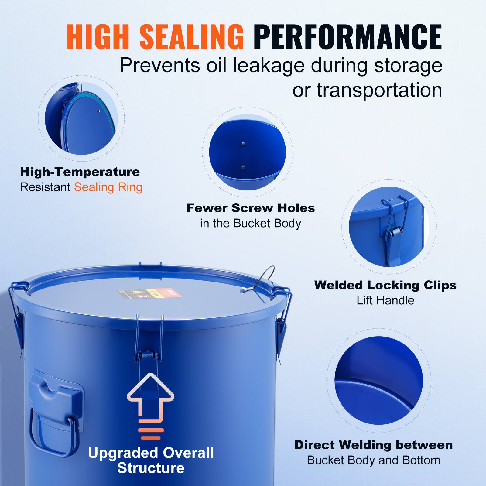HIGH SEALING PERFORMANCE  
Prevents oil leakage during storage or transportation  

- High-Temperature Resistant Sealing Ring  
- Fewer Screw Holes in the Bucket Body  
- Welded Locking Clips Lift Handle  
- Upgraded Overall Structure  
- Direct Welding between Bucket Body and Bottom