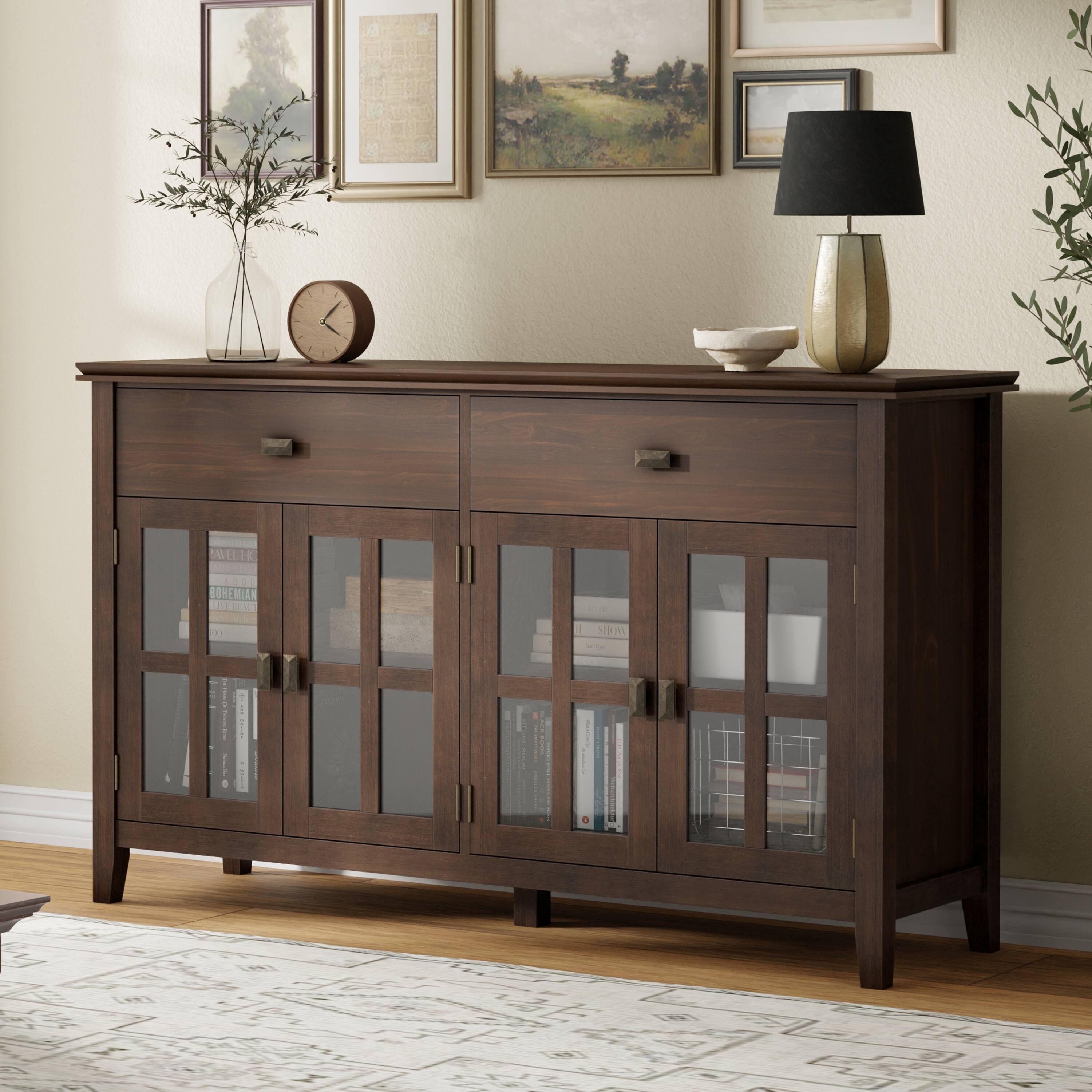 Angle. Simpli Home - Artisan 60 inch Wide Solid Wood Transitional Large 4 Door Sideboard Buffet in Natural Aged Brown - Natural Aged Brown.