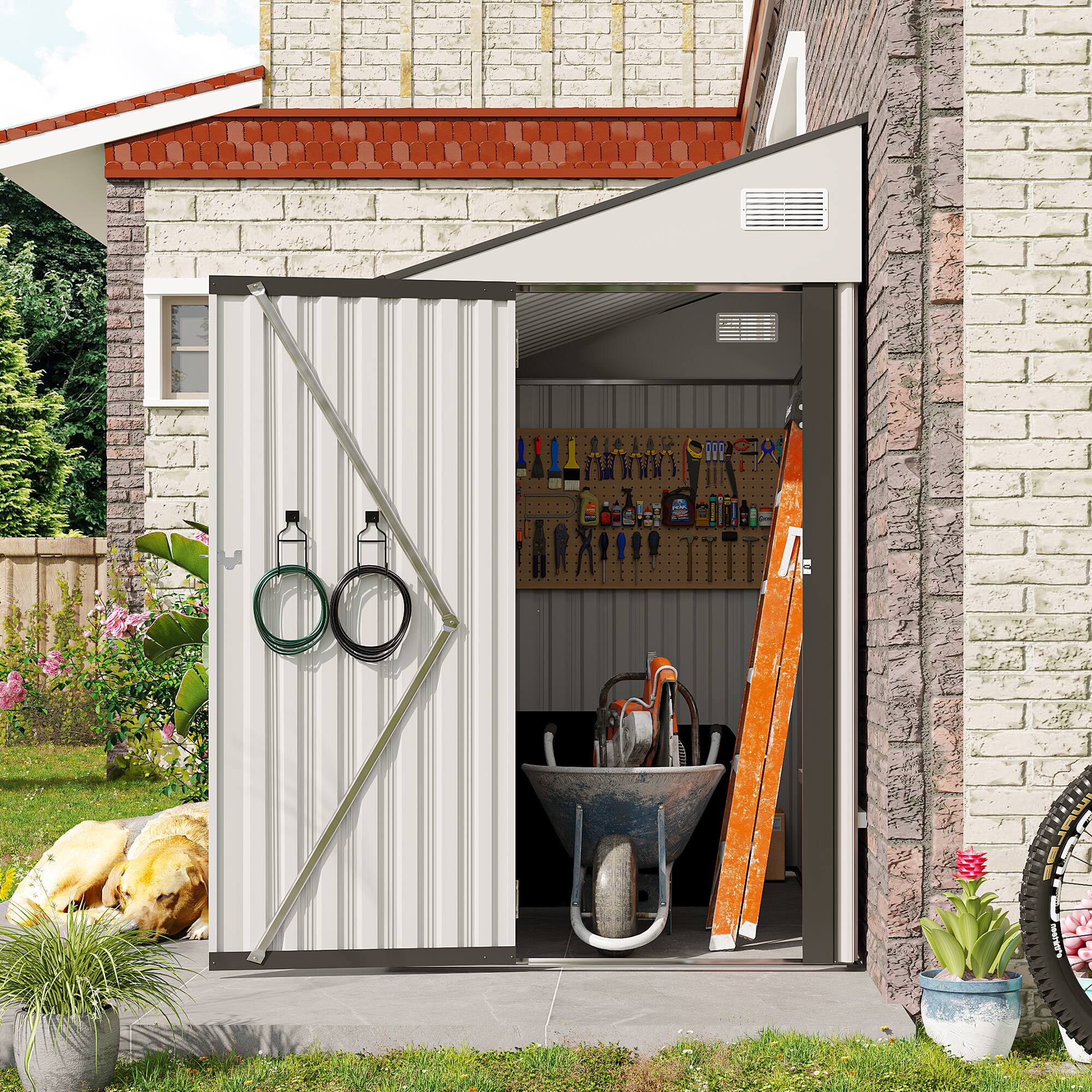 Back. Anysun - 4x8ft Metal Storage Shed with Single Hinge Door & Ventilation, Heavy-Duty Outdoor Garden Tool Shed for Backyard - White.
