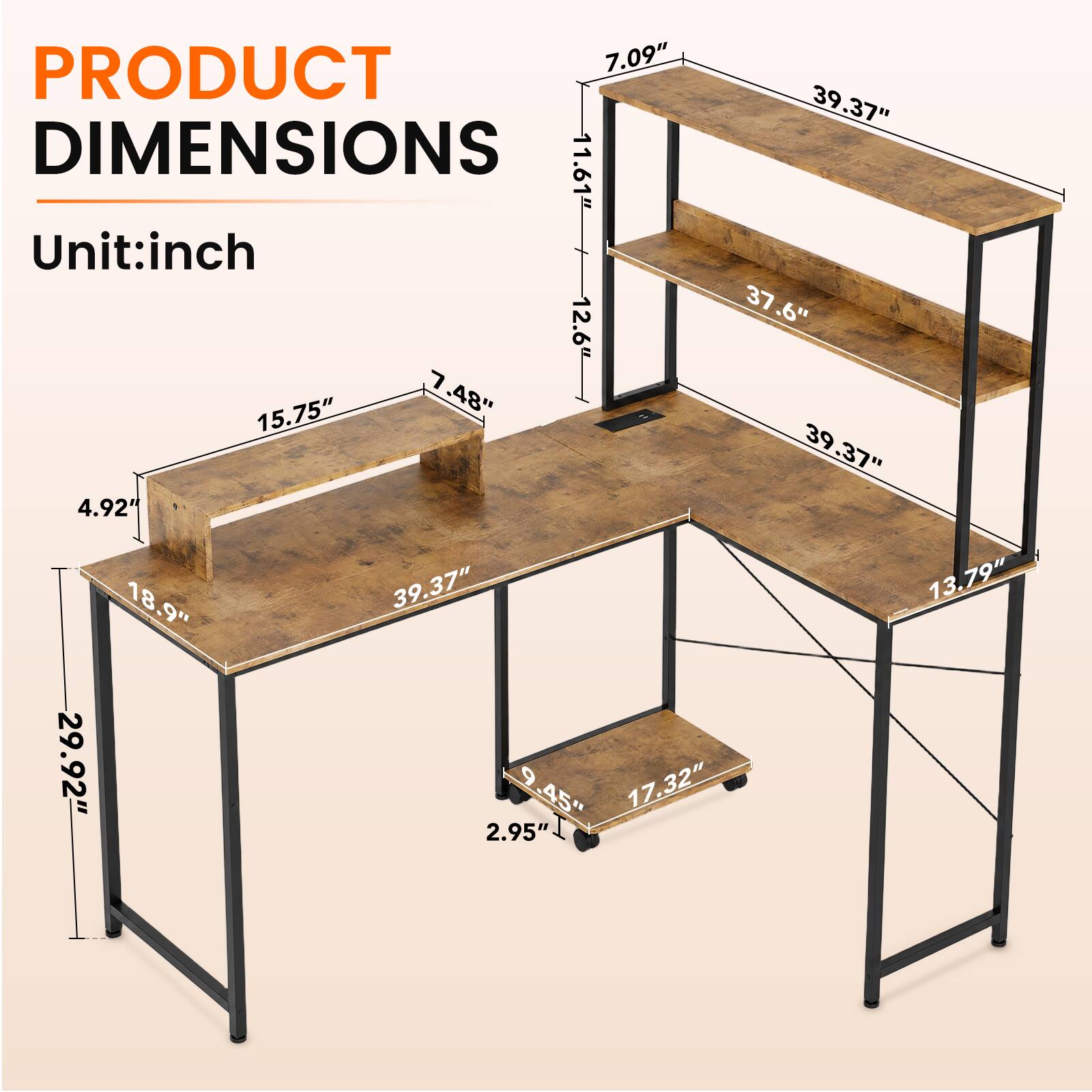 PRODUCT DIMENSIONS  
Unit: inch  

- 7.09"  
- 39.37"  
- 11.61"  
- 12.6"  
- 37.6"  
- 15.75"  
- 48"  
- 39.37"  
- 4.92'  
- 18.9"  
- 39.37"  
- 13.79"  
- 29.92"  
- 2.95"  
- 9.45"  
- 17.32"