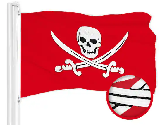Front. G128 - Jolly Roger Swords Embroidered 300D Polyester Flag, 16 x 24 in. - red.