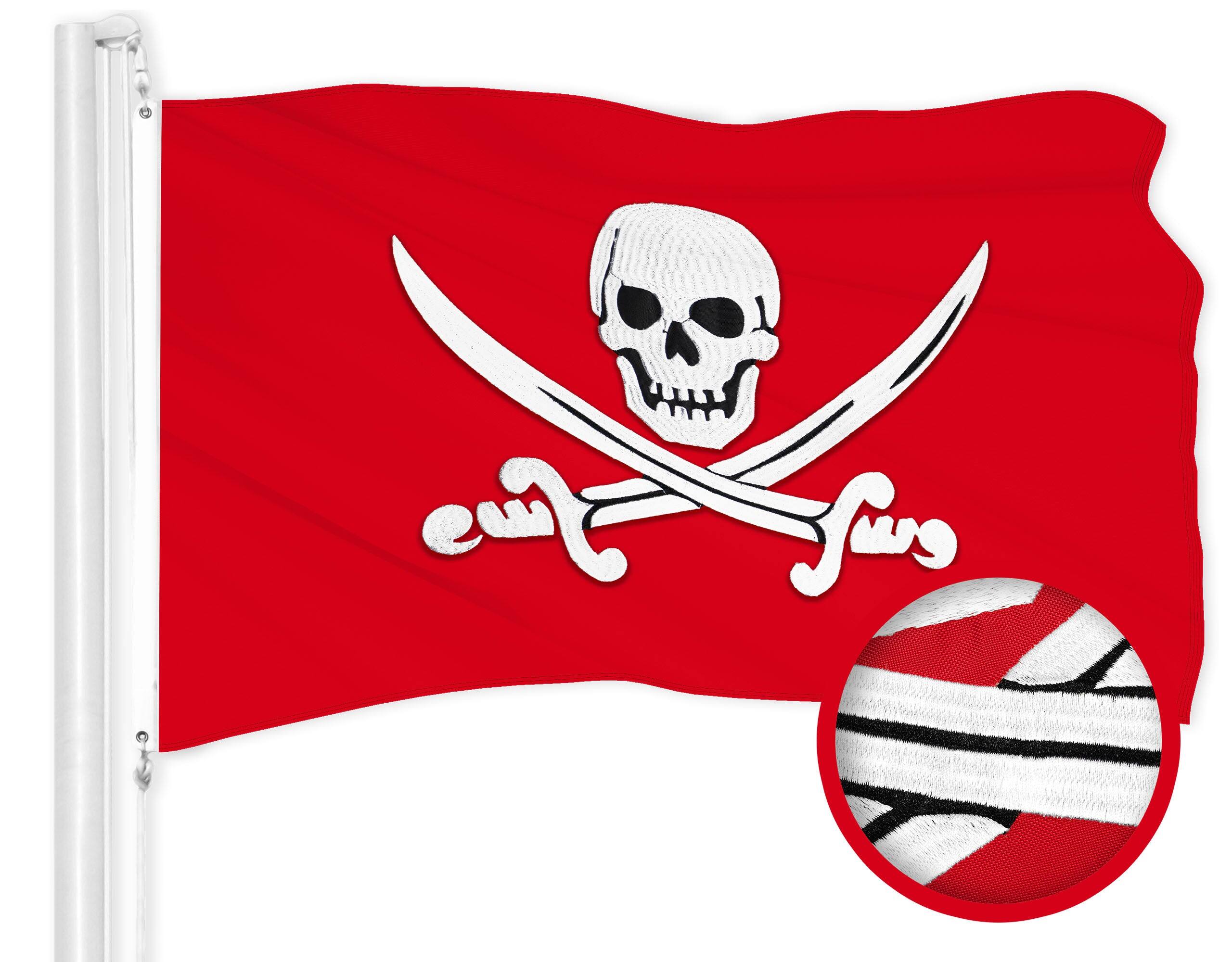 Front. G128 - Jolly Roger Swords Embroidered 300D Polyester Flag, 16 x 24 in. - red.