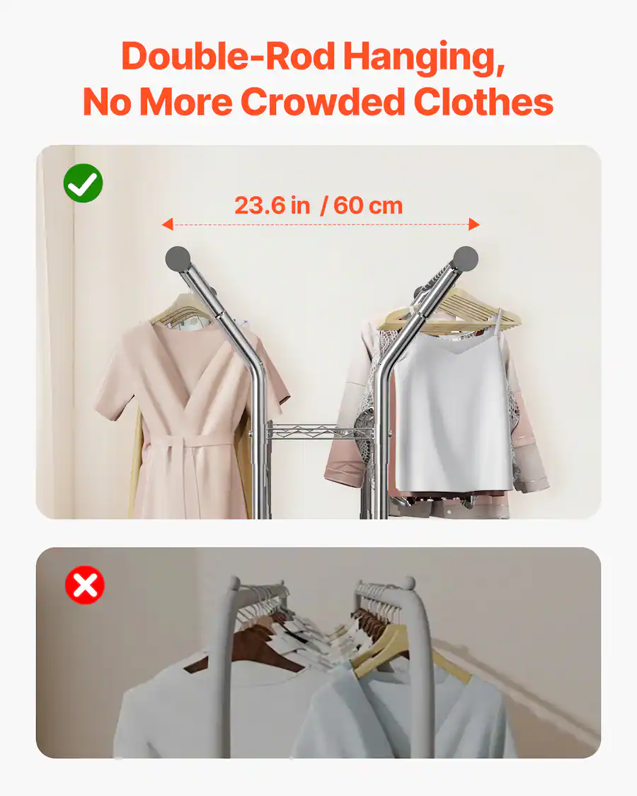Coming Rod Racks VEVOR Clothes Rack, Rolling Clothing Garment Rack with 2 Hanging Rods ...