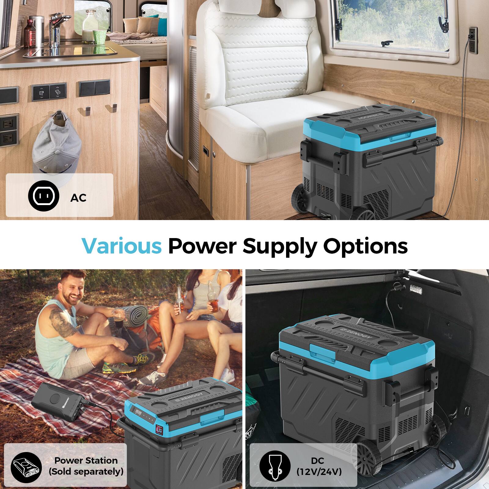 The image shows a variety of power supply options, including a portable power station (sold separately) and a DC (12V/24V) option. The power station is displayed in different settings, such as a campsite, a car, and a living room. The image also features a group of people sitting on a blanket, enjoying their time together.