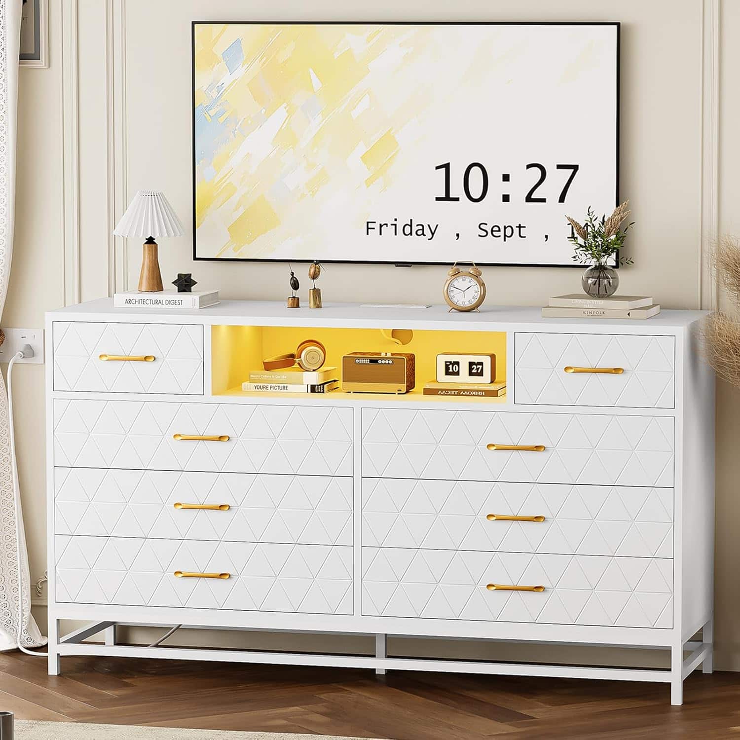 Acekool - 8-Drawer Bedroom Dresser, 55" TV Stand with LED and Power Outlet, Large Wood Chest for Closet Living Room - White