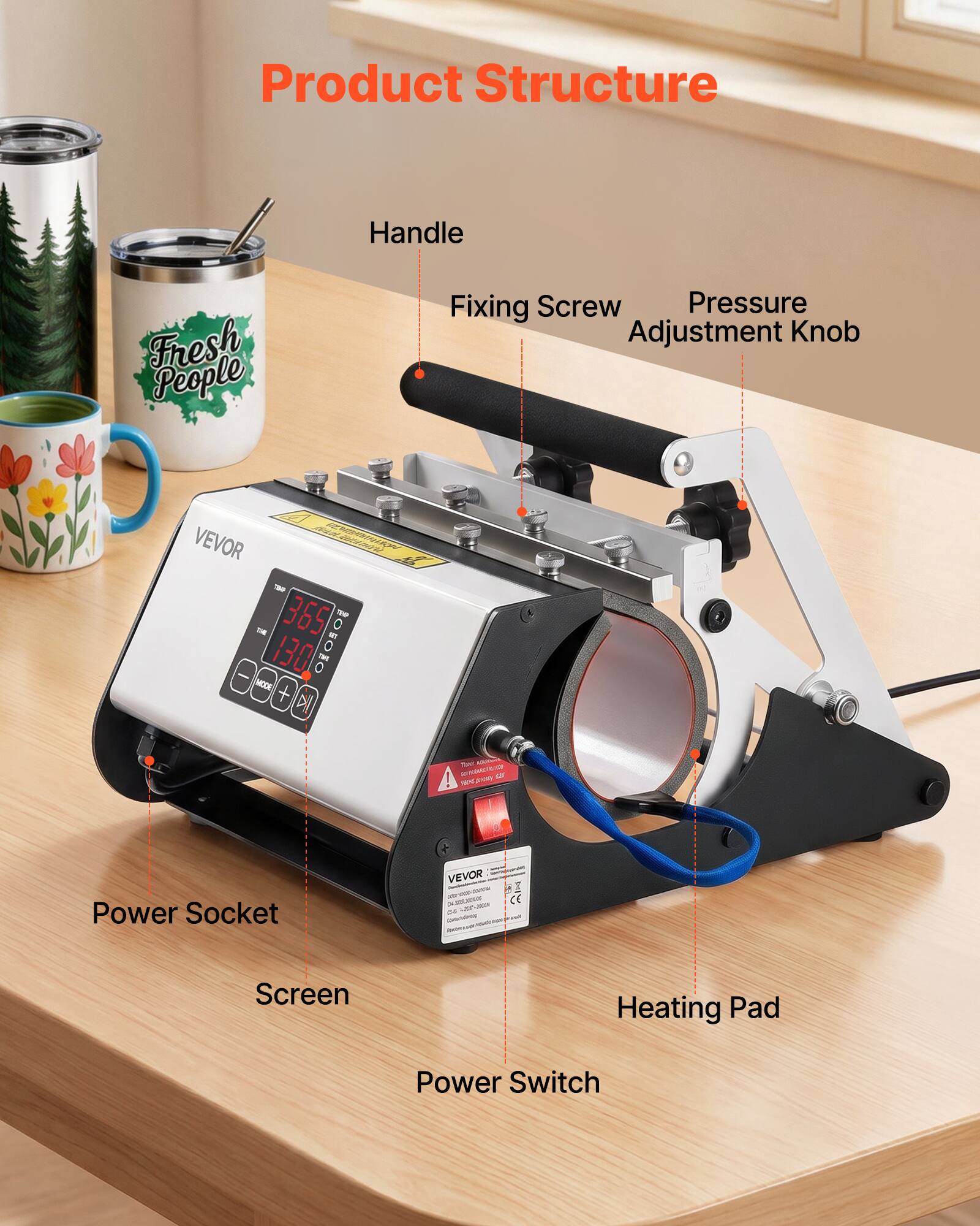 Product Structure

- Handle
- Fixing Screw
- Pressure Adjustment Knob
- Power Socket
- Screen
- Heating Pad
- Power Switch