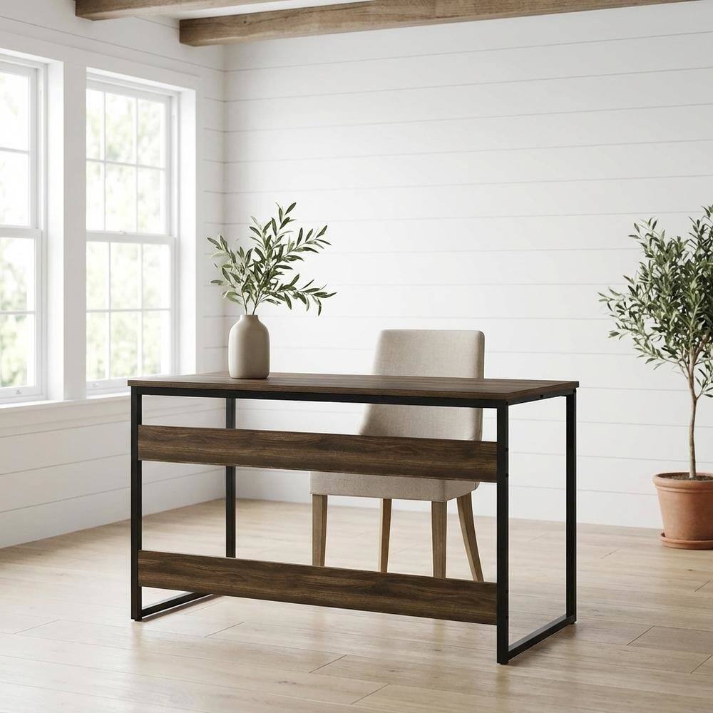 Angle. BisonOffice - Wood Study Desk In Columbia Walnut Finish With Spacious Work Surface - Columbia Walnut.