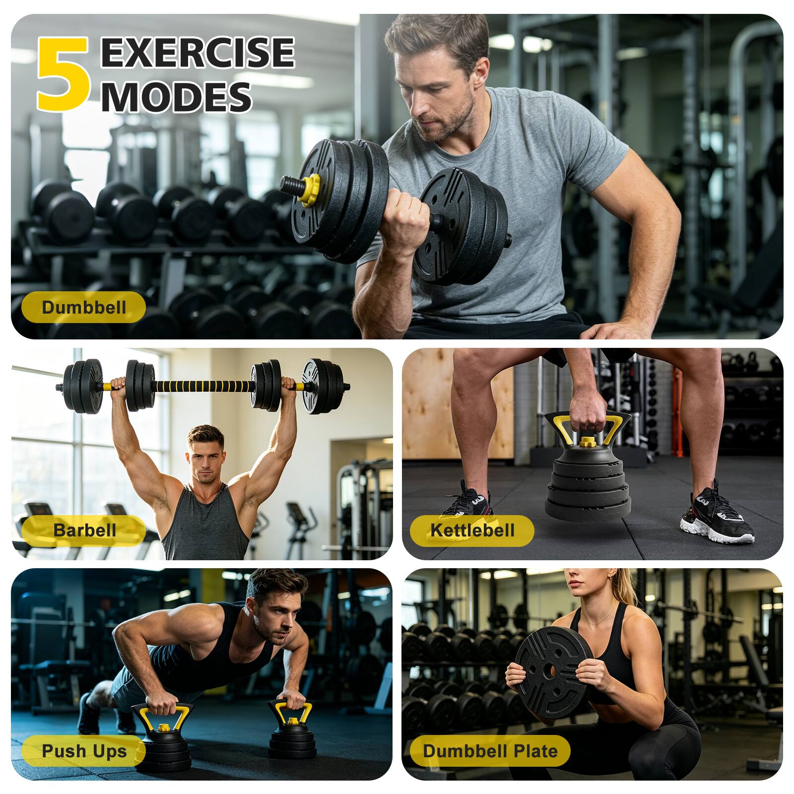 5 EXERCISE MODES

- Dumbbell
- Barbell
- Kettlebell
- Push Ups
- Dumbbell Plate