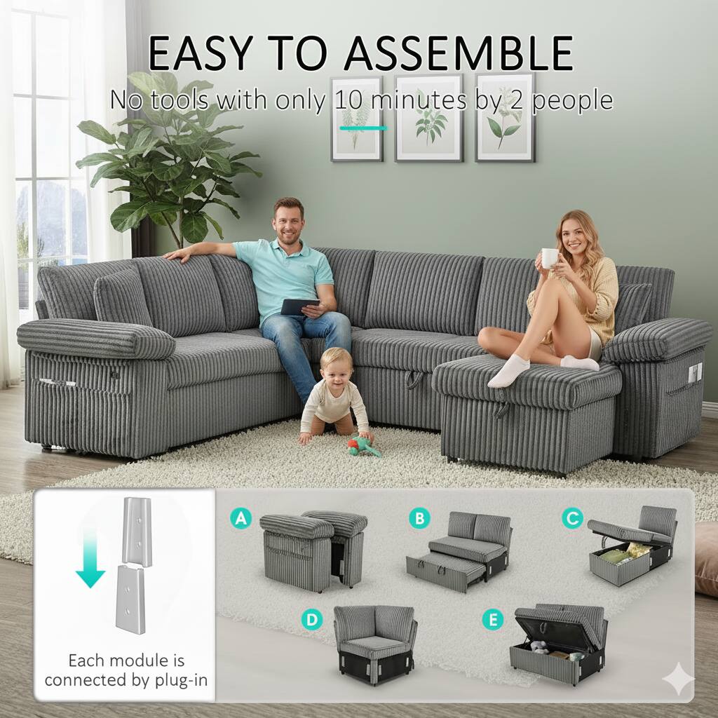 EASY TO ASSEMBLE  
No tools with only 10 minutes by 2 people  

Each module is connected by plug-in