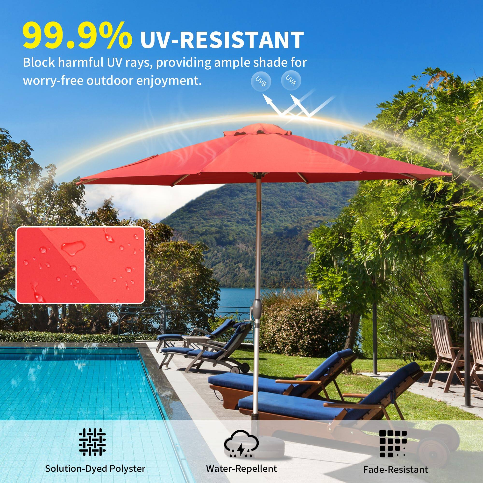 99.9% UV-RESISTANT  
Block harmful UV rays, providing ample shade for worry-free outdoor enjoyment.  

Solution-Dyed Polyester  
Water-Repellent  
Fade-Resistant
