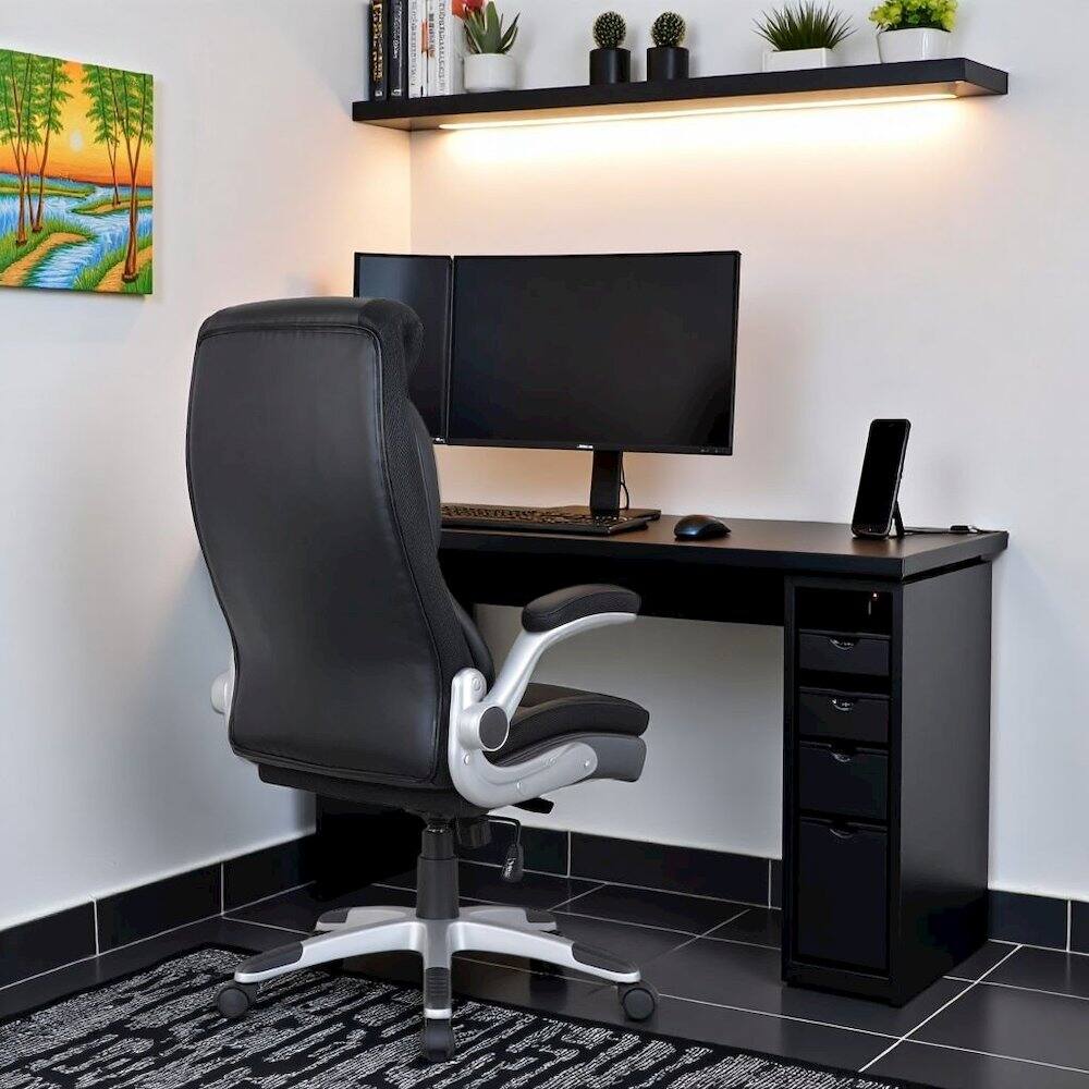 Alt View 9. FurniFact - Executive Black Leather Chair – High-Back Work Chair With Silver Base - Black / Silver.