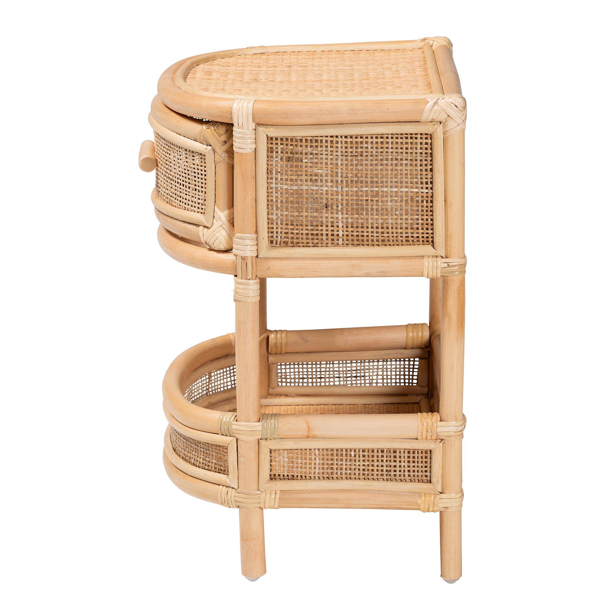 Back. bali & pari - Divitia Bohemian Natural Rattan 1-Drawer Nightstand - Natural.