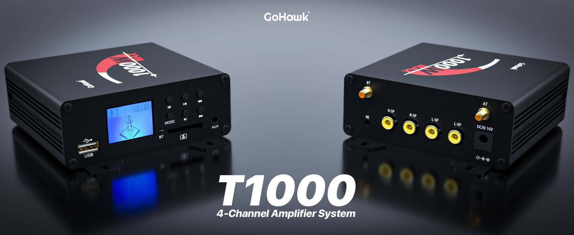 GoHawk P 1000 VL:10 VOL 10 IM B MODE BT i EN M A - - AUX BT RE MAX HIOOOT N AT R-SP R-SP L-SP L-SP DCIN 16V Gei USB T1000 4-Channel Amplifier System 049