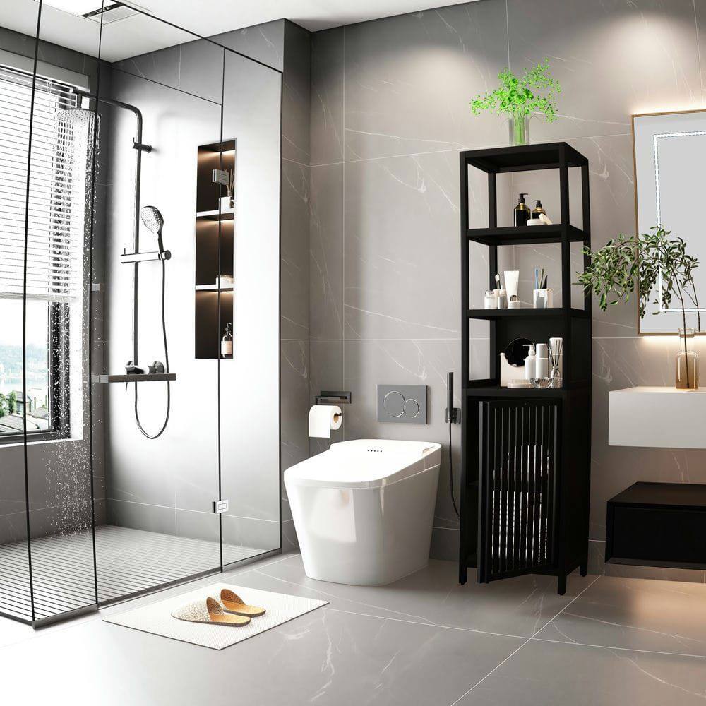 Alt View 8. Kadyn - BLACK  Storage Tall Slim Cabinet with Shutter Door and 3 Tier Shelves, Freestanding Linen Tower Cabinet, Natural Bamboo - Black.