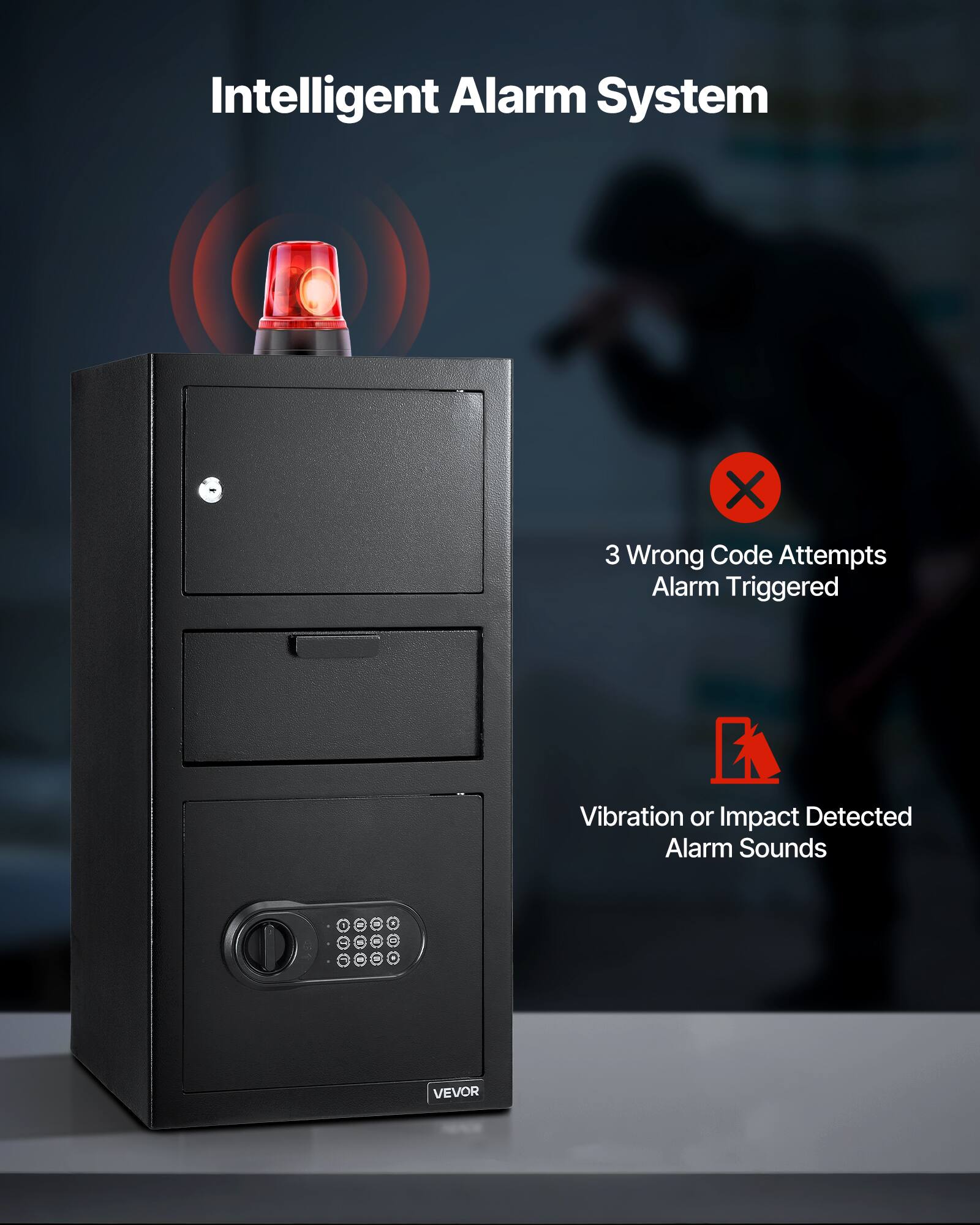 Intelligent Alarm System

3 Wrong Code Attempts Alarm Triggered

Vibration or Impact Detected Alarm Sounds

VEVOR