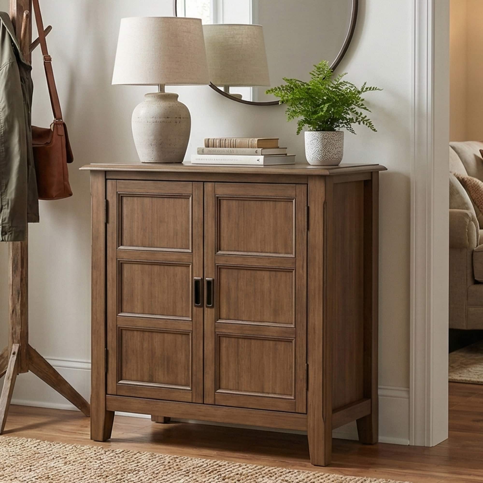 Simpli Home - Burlington 30 inch Wide Solid Wood Transitional Low Storage Cabinet - Rustic Natural Aged Brown