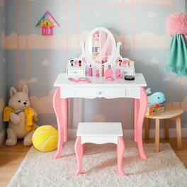 Kadyn - Kids Vanity Princess Makeup Dressing Table Stool Set with Mirror and Drawer- Kids Makeup Vanity for Girls Kids - White