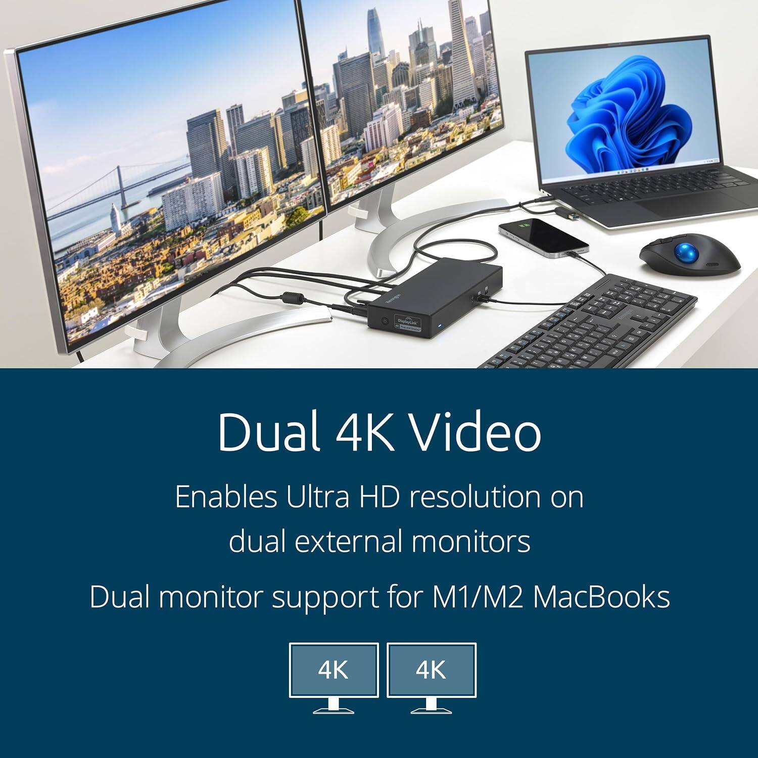 Dual 4K Video  
Enables Ultra HD resolution on dual external monitors  
Dual monitor support for M1/M2 MacBooks