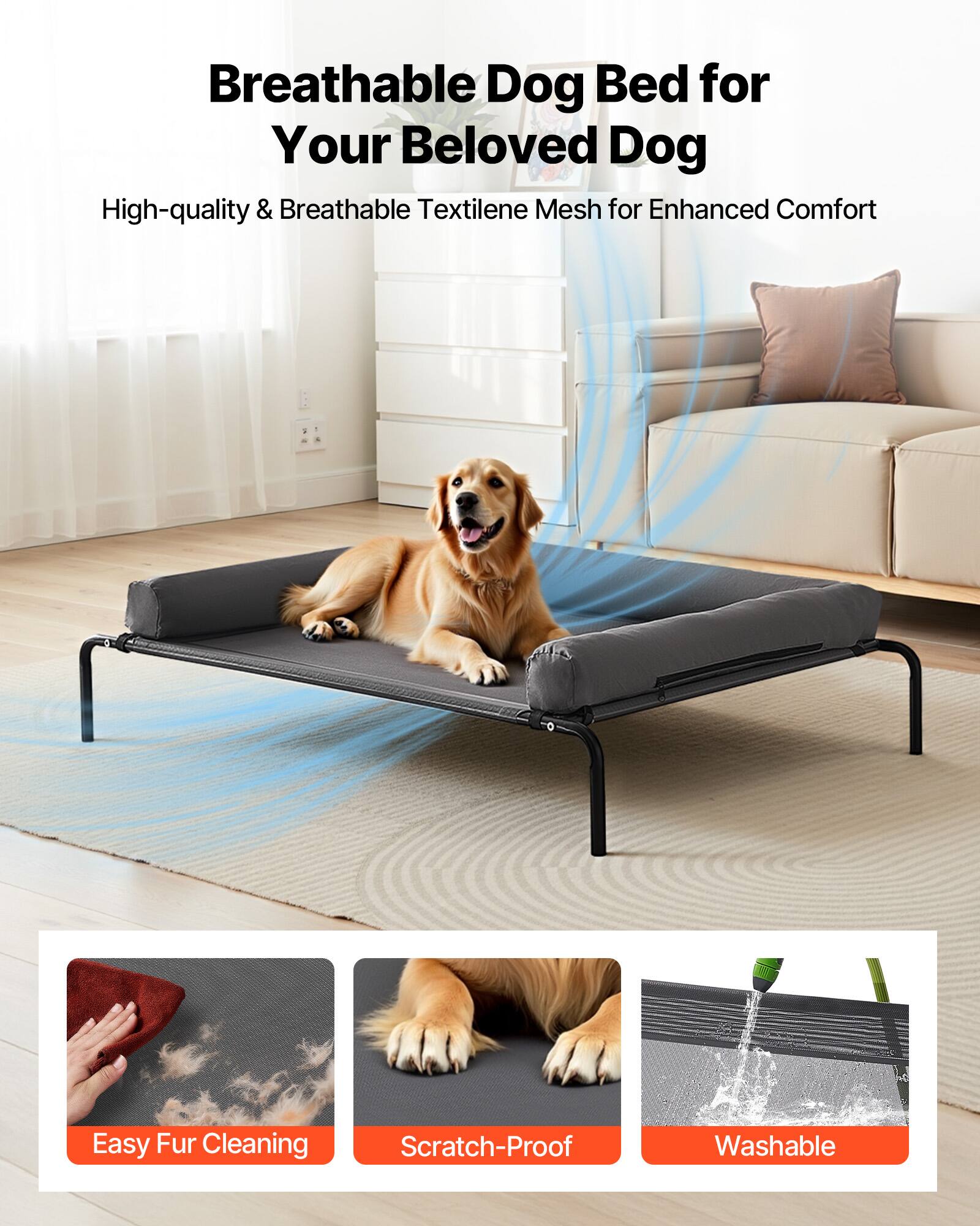 Breathable Dog Bed for Your Beloved Dog

High-quality & Breathable Textilene Mesh for Enhanced Comfort

Easy Fur Cleaning

Scratch-Proof

Washable
