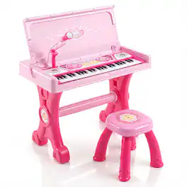 Costway - 49 Keys Kids Electric Piano Keyboard Toy with Stool & Microphone, Lights, Sounds - Pink
