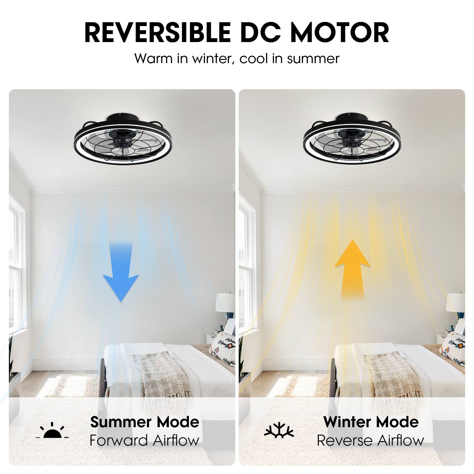 REVERSIBLE DC MOTOR  
Warm in winter, cool in summer  

Summer Mode  
Forward Airflow  

Winter Mode  
Reverse Airflow