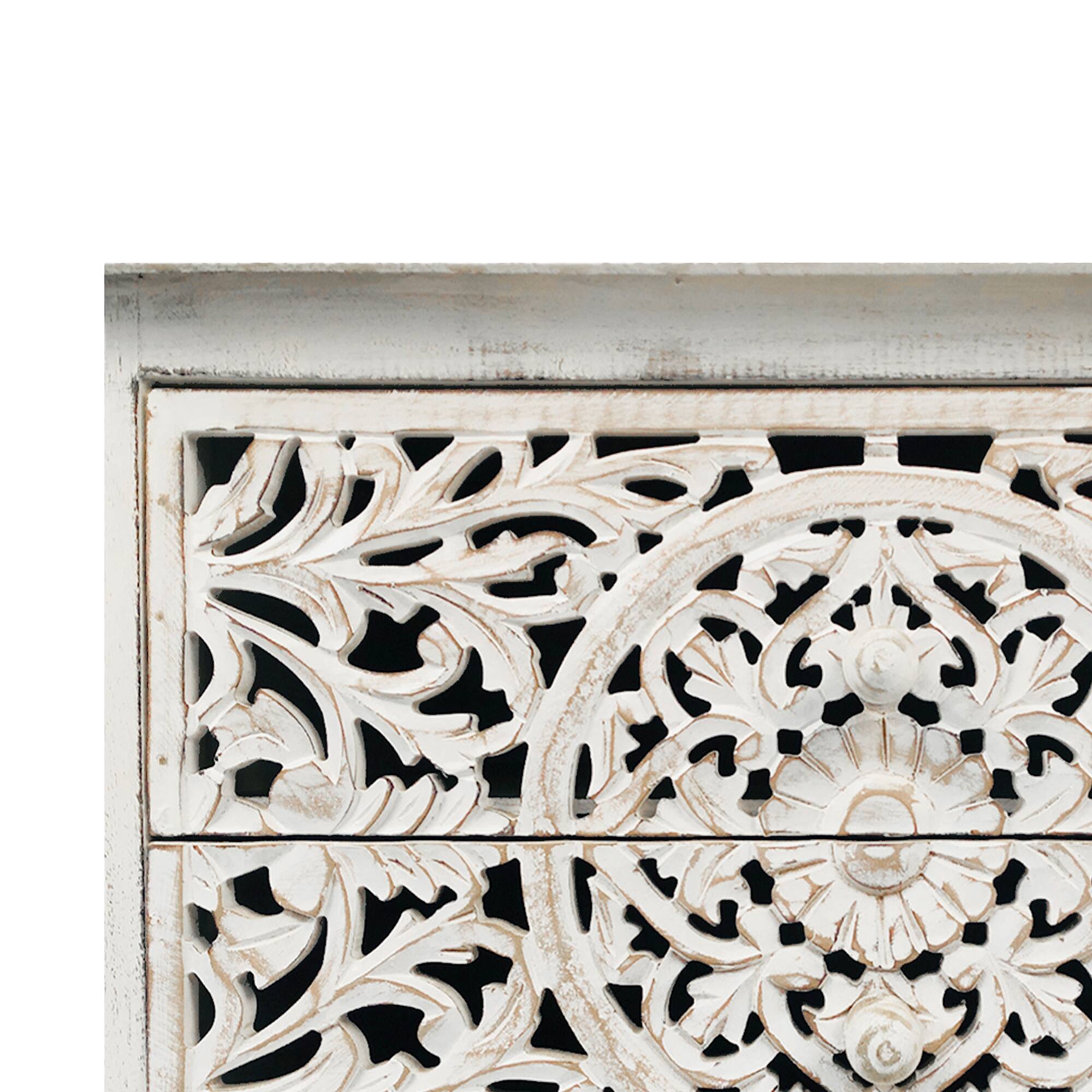 Alt View 3. Manhattan Lane - 24 Inch Handcrafted Mango Wood Nightstand Side Table, 2 Drawers, Floral Carved Cut Out Design - White.