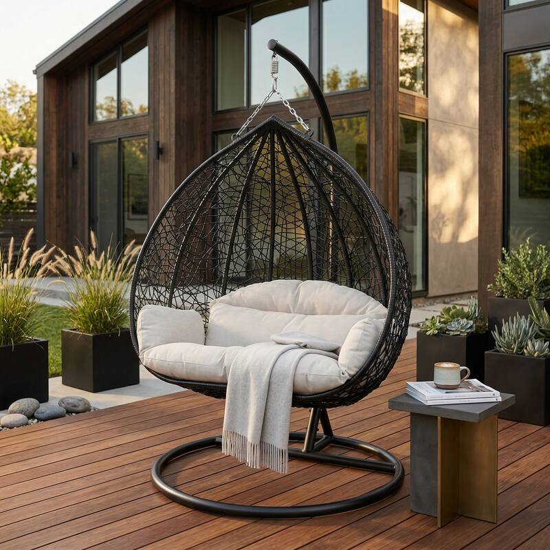 Left. LeisureMod - Recluse Modern Wicker Teardrop Hanging Egg Chair with Stand - Heavy Duty, Outdoor Indoor Swing Chair & Cushion - Arctic White.