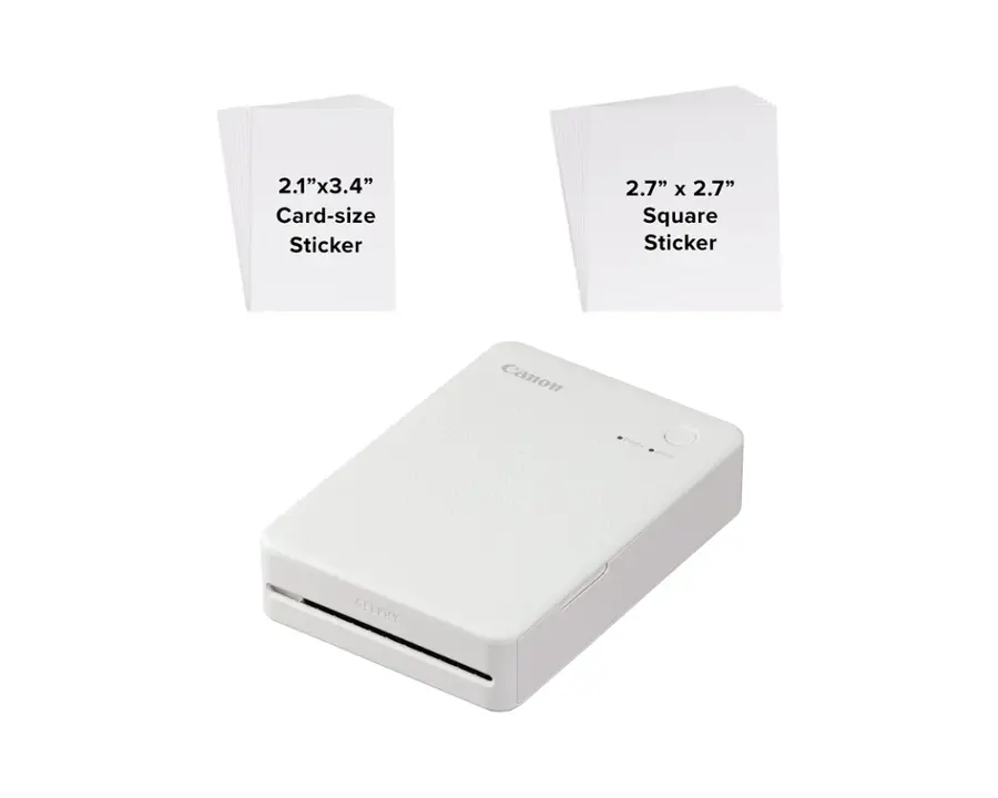 The text on the image reads: "2.1"x3.4" Card-size Sticker 2.7" x 2.7" Square Sticker Canon SEIPHY."