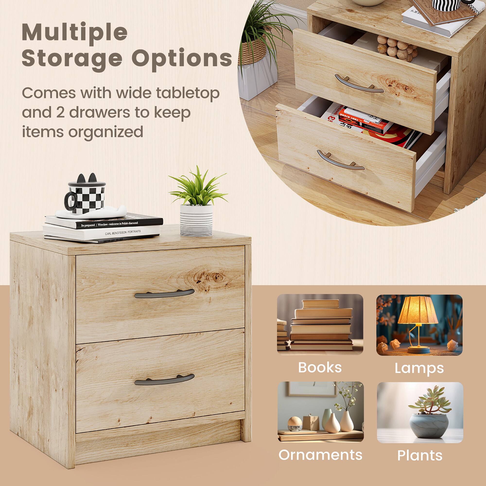 Multiple Storage Options: Comes with a wide tabletop and 2 drawers to keep items organized. Ideal for storing books, lamps, ornaments, and plants.