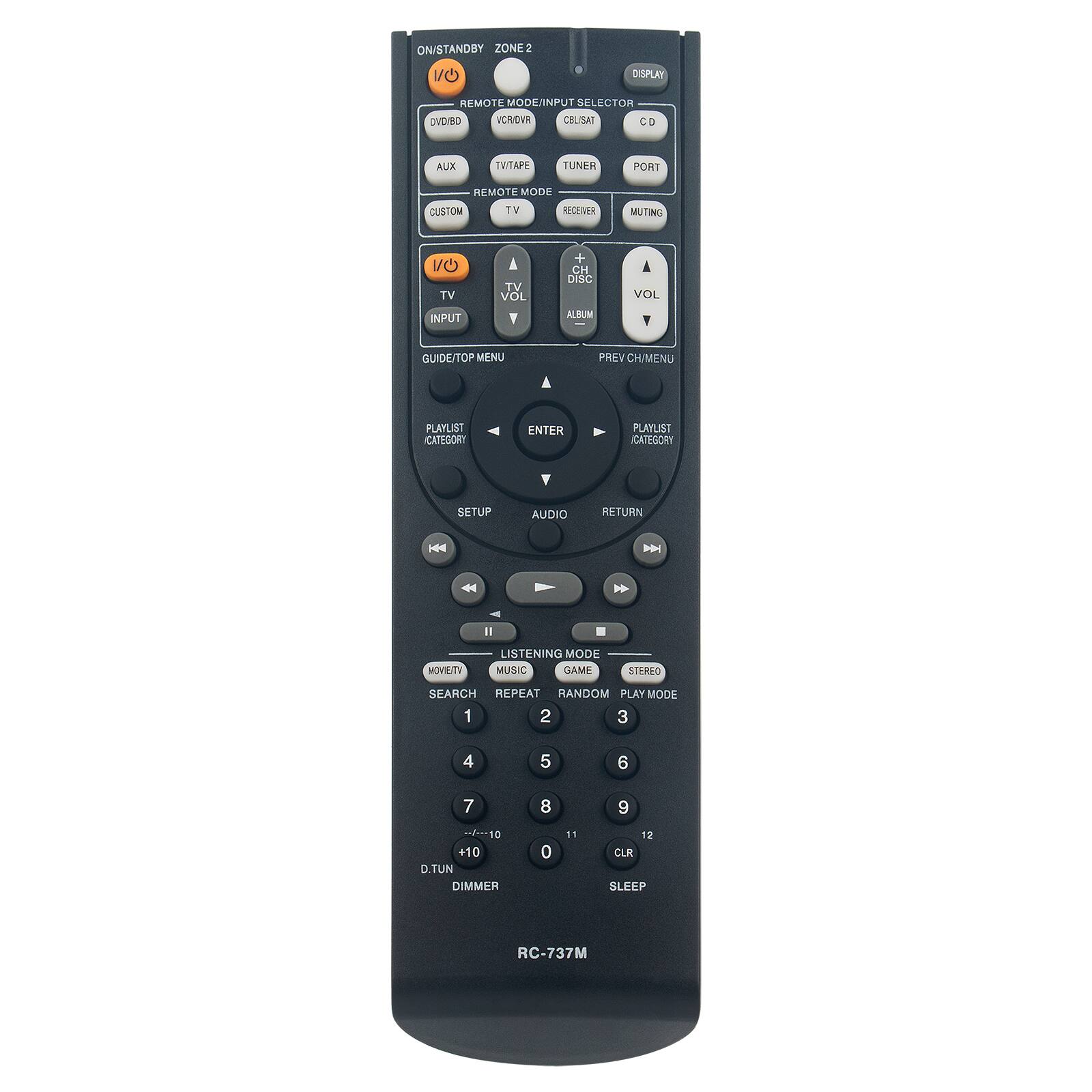 ON/STANDBY ZONE 2 NO DISPLAY

REMOTE MODE/INPUT SELECTOR
DVD/BD
VCR/DVA
CELSAT
CD
AUX
TV/TAPE
TUNER
PORT
REMOTE MODE
CUSTOM
TV

TV VOL
INPUT

GUIDE/TOP MENU

PLAYLIST CATEGORY
ENTER

SETUP
AUDIO
RETURN

MOVIE/TV
LISTENING MODE
MUSIC
GAME
STEREO
SEARCH
REPEAT
RANDOM
PLAY MODE

1
2
3
4
5
6
7
8
9
0
+/10
-10
D.TUN
DIMMER

CLR
SLEEP

RC-737M