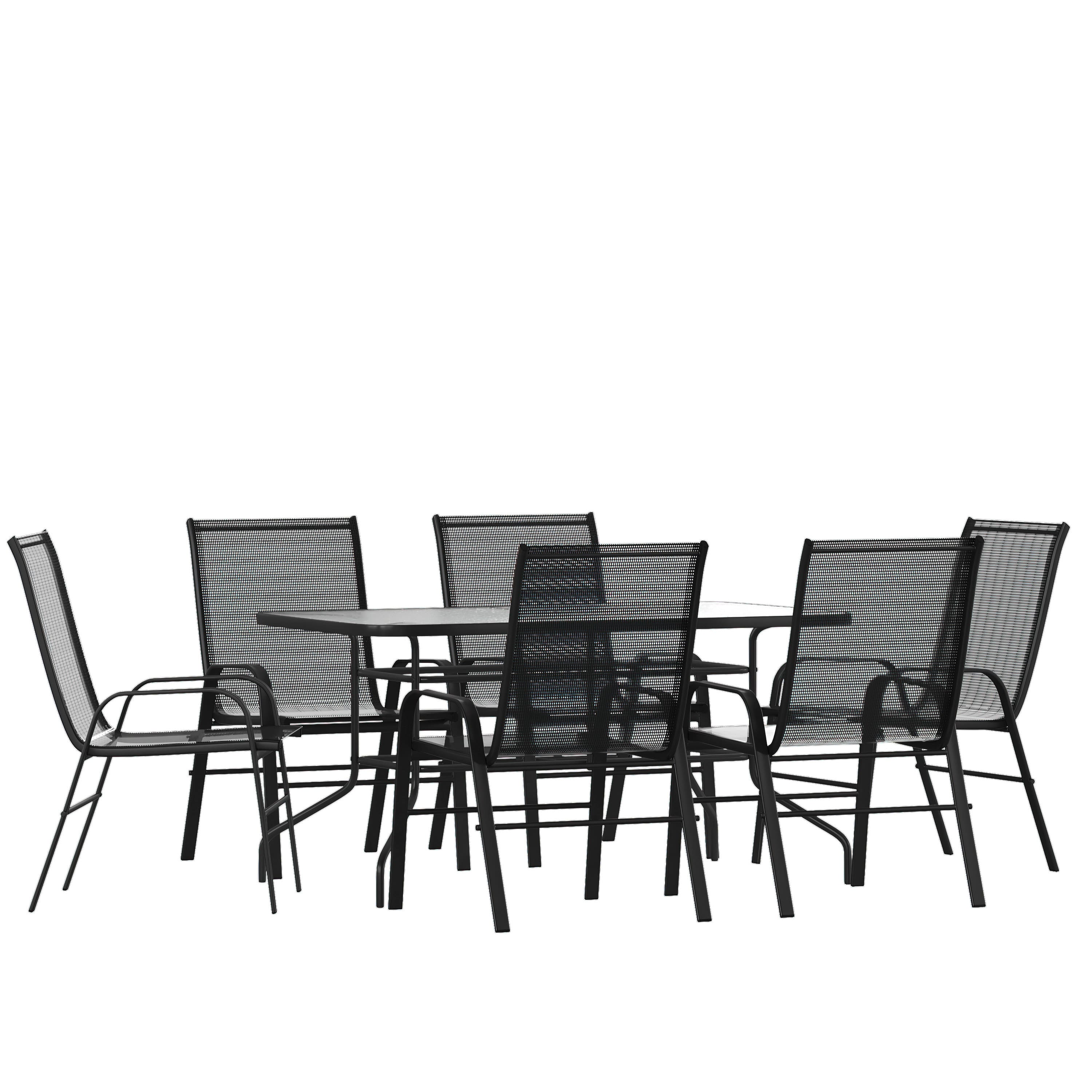 Photos - Garden Furniture Oliver Emma +  - Seven Piece Patio Table Set with Metal Table with Tempered Glass Top and 6 Flex Comfort Stacking Chairs - Bl 