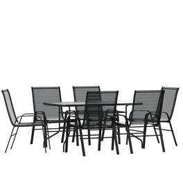 Emma + Oliver - Seven Piece Patio Table Set with Metal Table with Tempered Glass Top and 6 Flex Comfort Stacking Chairs - Black
