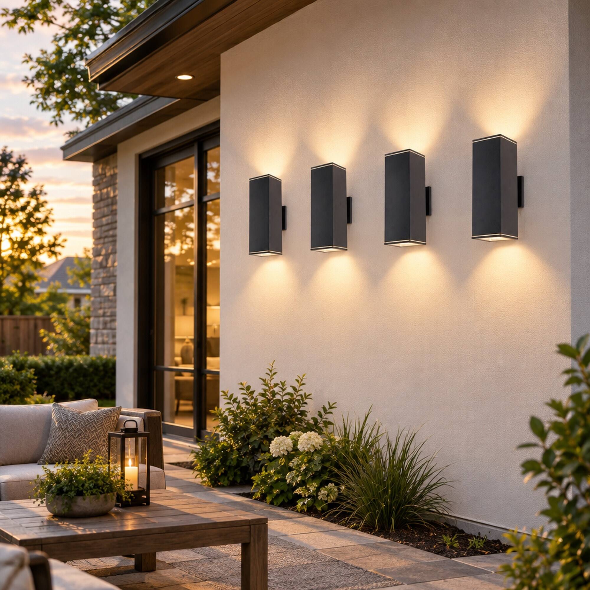Left. RYHNUYNE - 12 In Outdoor Wall Lights 4 Pack, Modern Square Up Down Waterproof Aluminum Porch Light Fixture - Black.