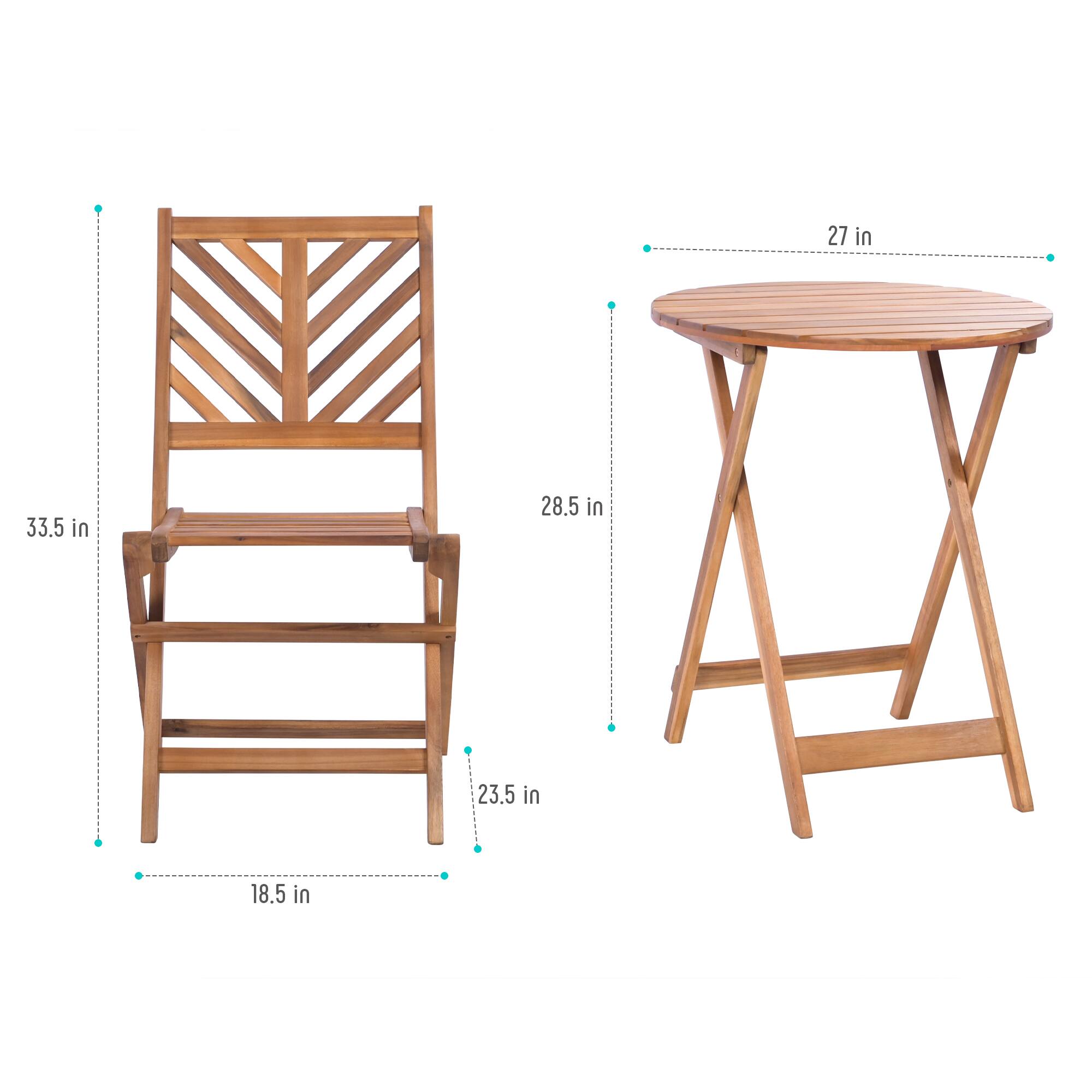 - Chair:
  - Height: 33.5 in
  - Width: 18.5 in
  - Depth: 28.5 in
  - Seat Height: 23.5 in

- Table:
  - Diameter: 27 in