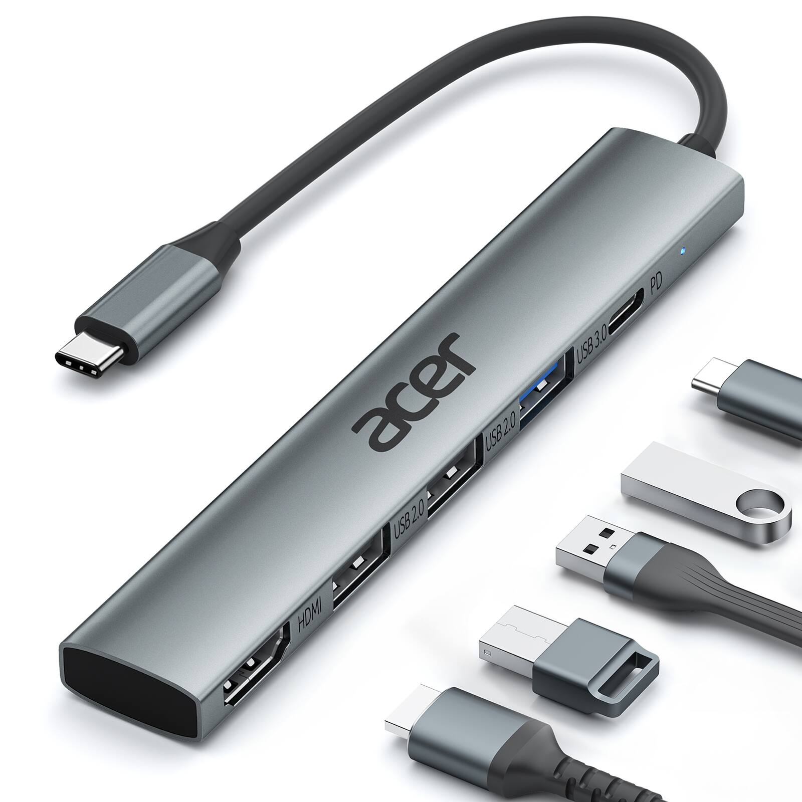 Acer - 5 in 1 USB C Hub with 4K HDMI, 100W Power Delivery, 3 USB A Data Ports, USB C to HDMI Adapter