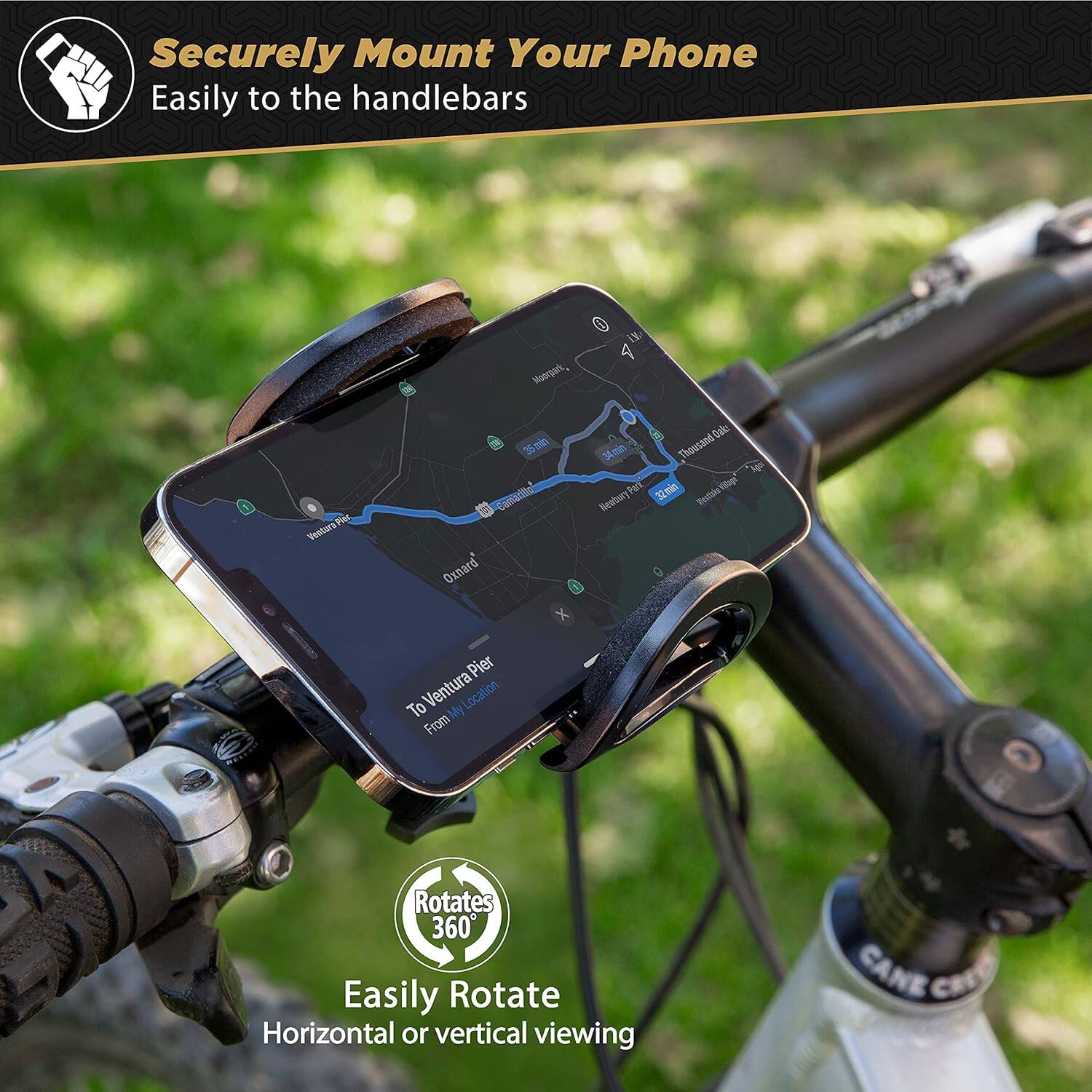 Securely Mount Your Phone  
Easily to the handlebars  

Easily Rotate  
Horizontal or vertical viewing  

Rotates 360°