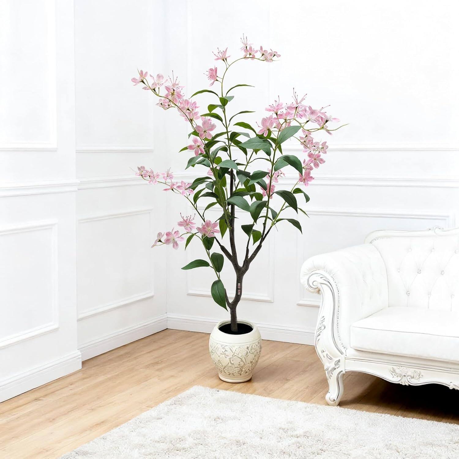 Back. Homhougo - 4FT Indoor Artificial Trees for Home Decor, Outdoor Pink Fake Flowers, Fake Plants, Bonsai Tree, Model Trees, Faux Tree - Jasmine.