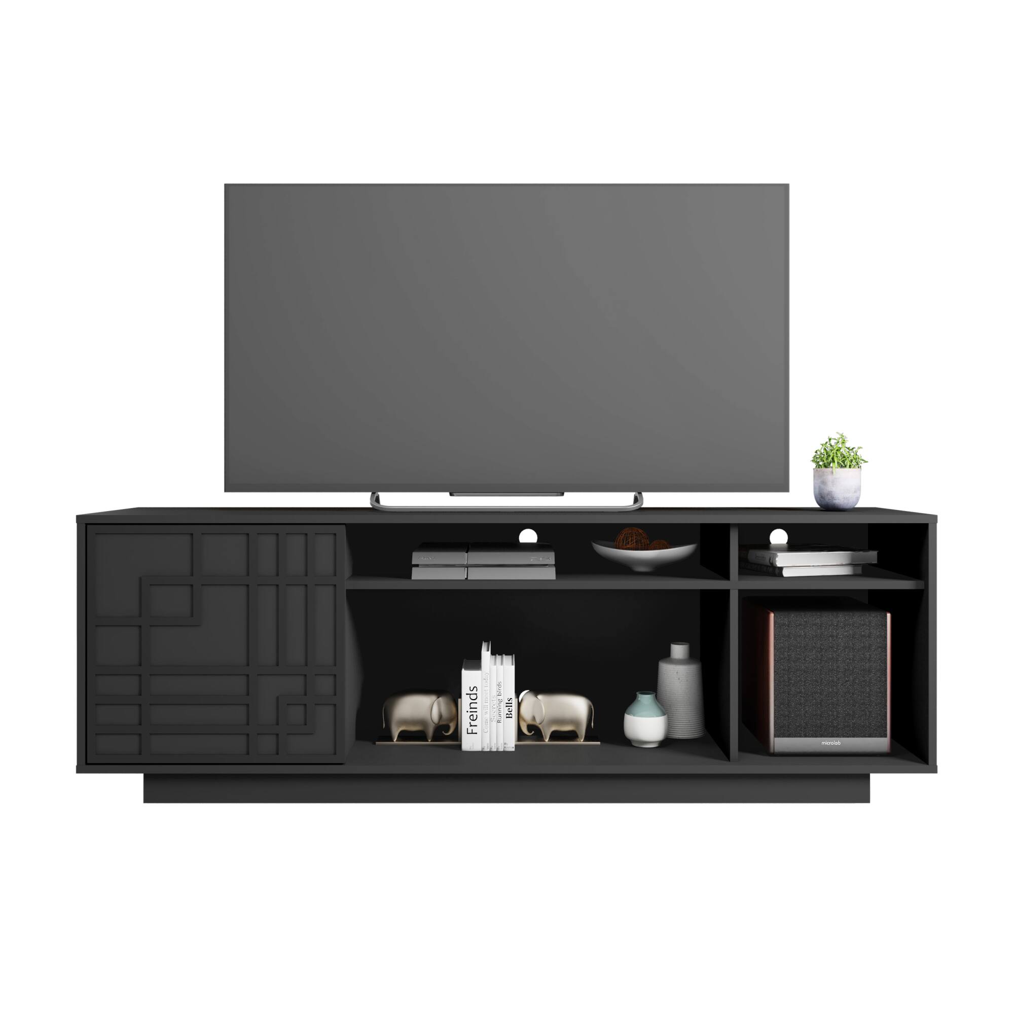 Alt View 2. GOODSILO - Contemporary TV Stand with Concealed Storage and Open Shelving for TVs Up to 70 Inches - Black.
