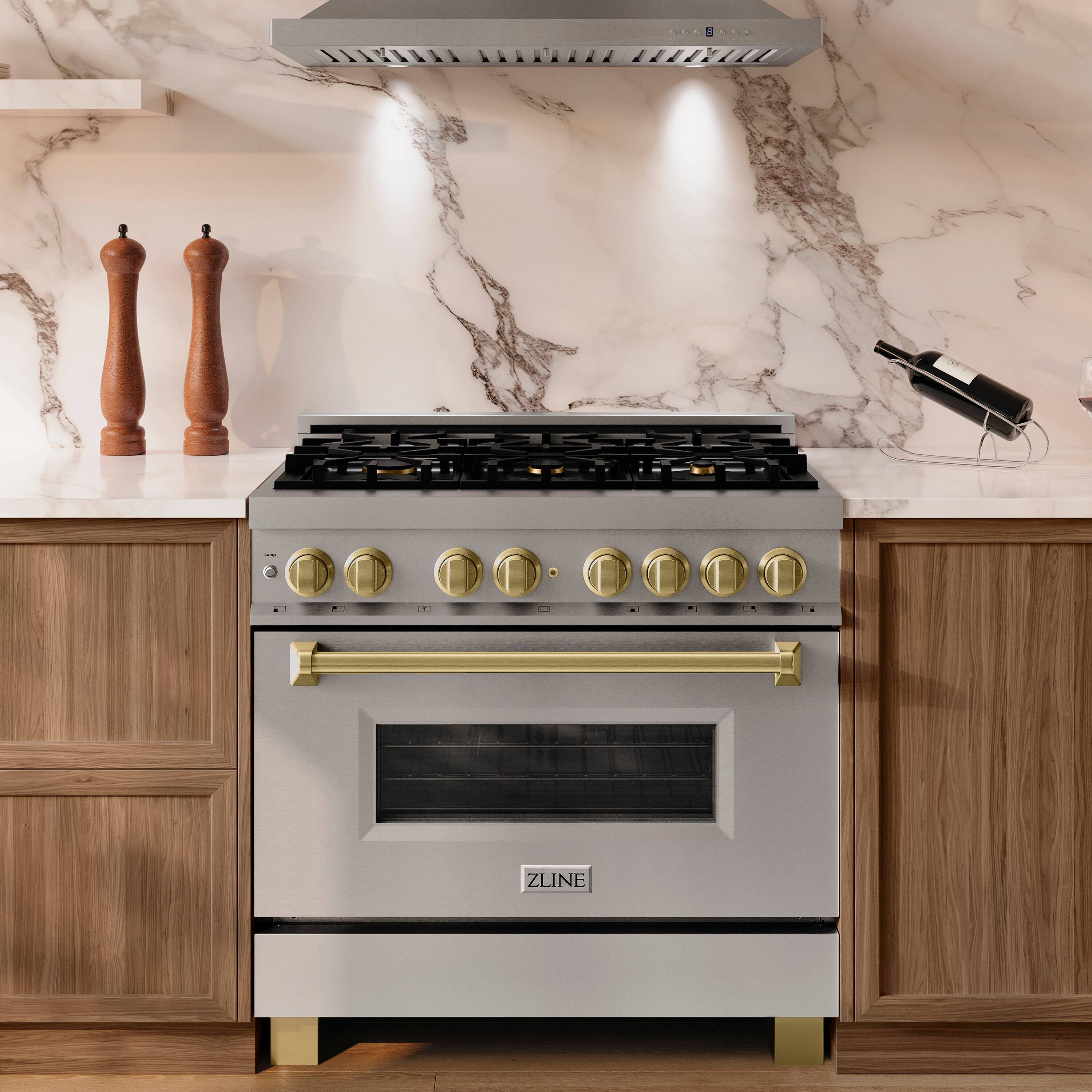 Alt View 2. ZLINE - Autograph 36 in. 4.6 cu. ft. Legacy Freestanding Dual Fuel Range with  6 Burners & Convection Oven w/ Bronze Accents - Stainless Steel/Champagne Bronze Accents.
