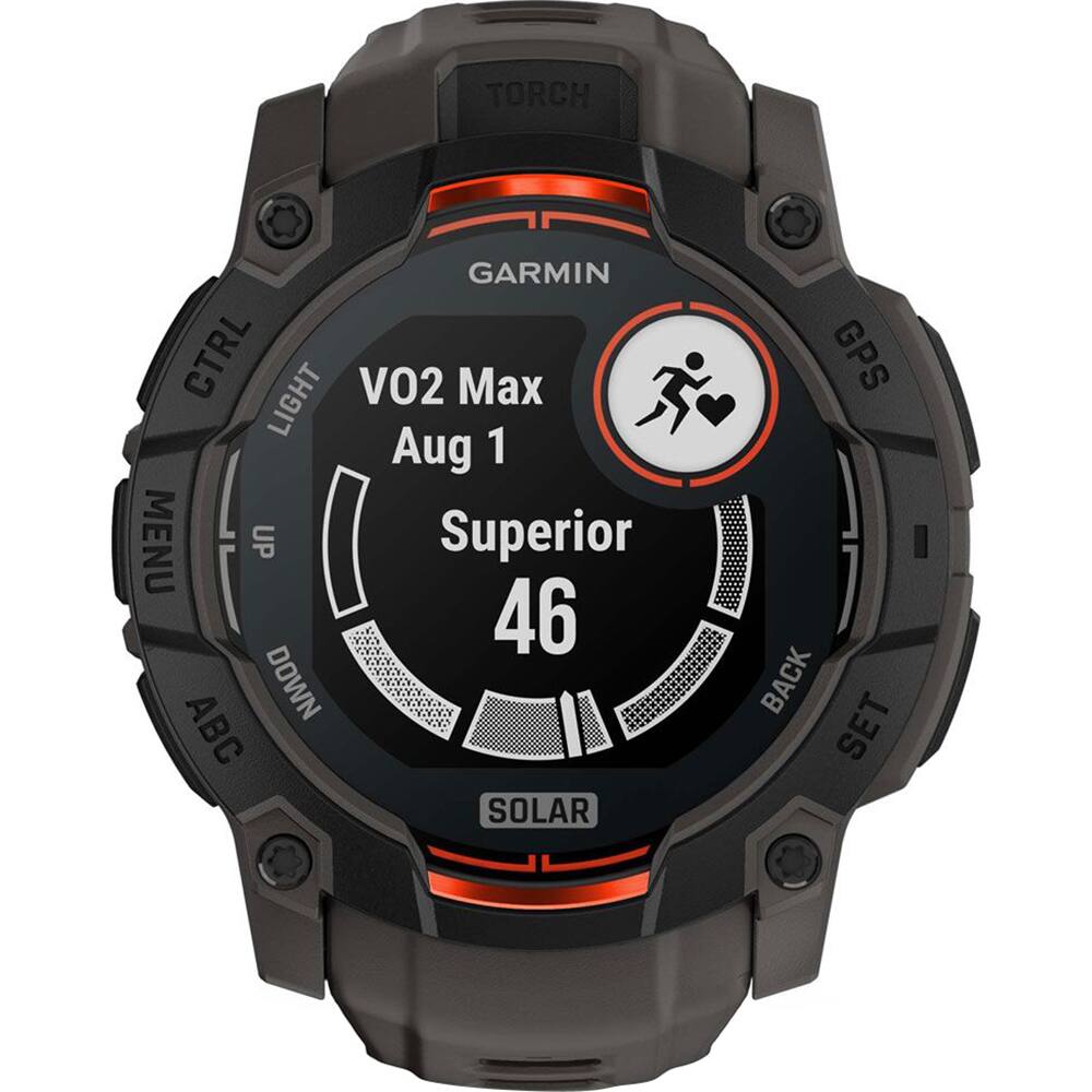 TORCH GARMIN CTRL LIGHT VO2 Max Aug 1 MENU UP Superior 46 DOWN ABC SOLAR GPS BACK SET